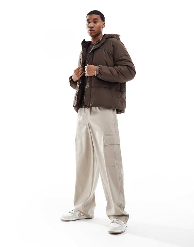 ONLY & SONS oversized hooded puffer jacket in brown | ASOS