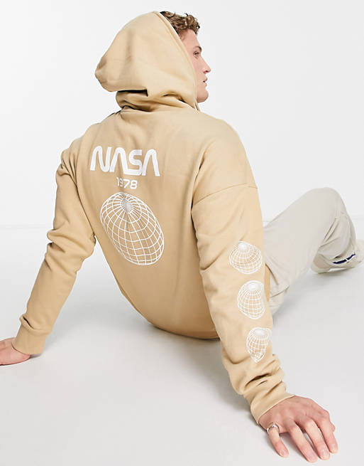 Men Only & Sons oversized hoodie with NASA print in beige 