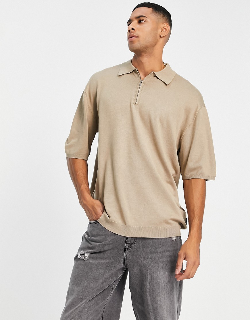 only & sons oversized knit polo with quarter zip in beige-neutral