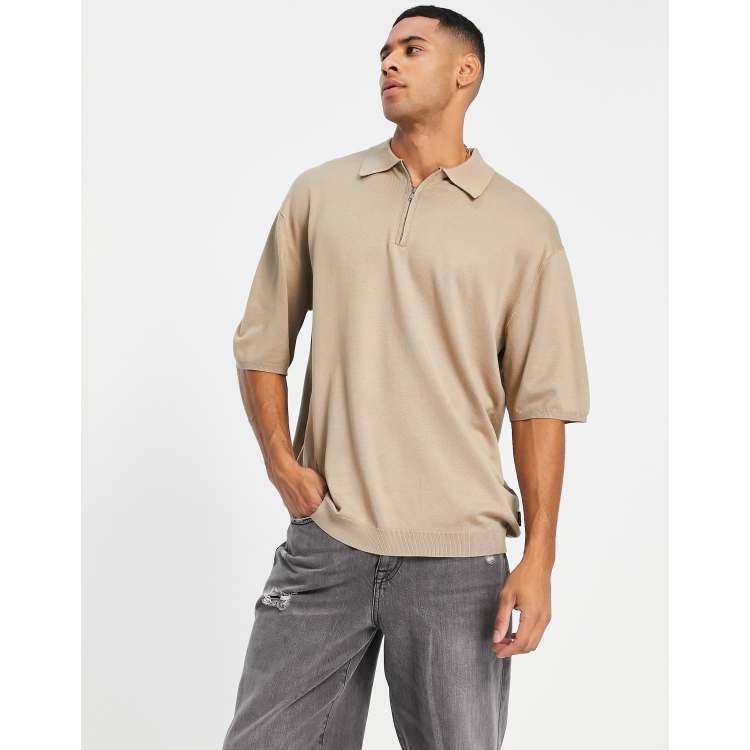 Only & Sons oversized knit polo with quarter zip in beige