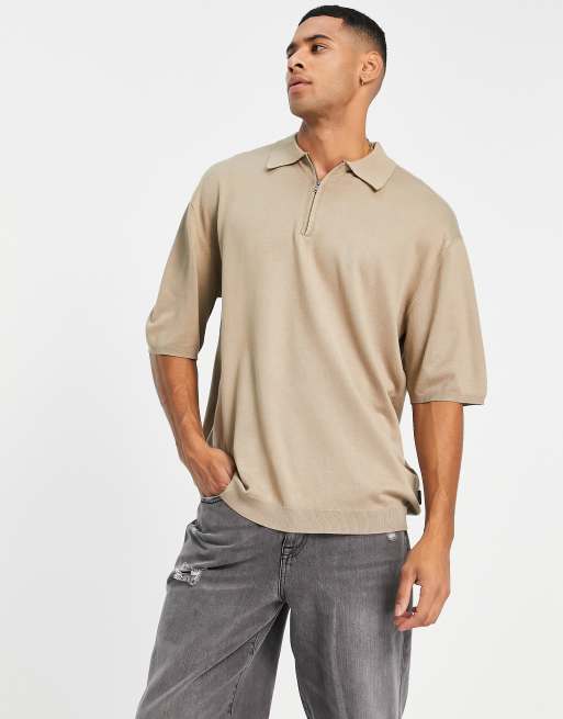 Only & Sons oversized knit polo with quarter zip in beige | ASOS