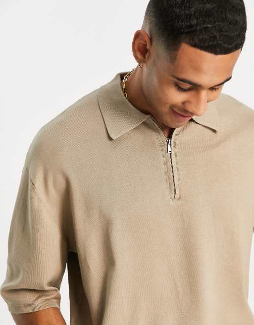 Only & Sons oversized knit polo with quarter zip in beige