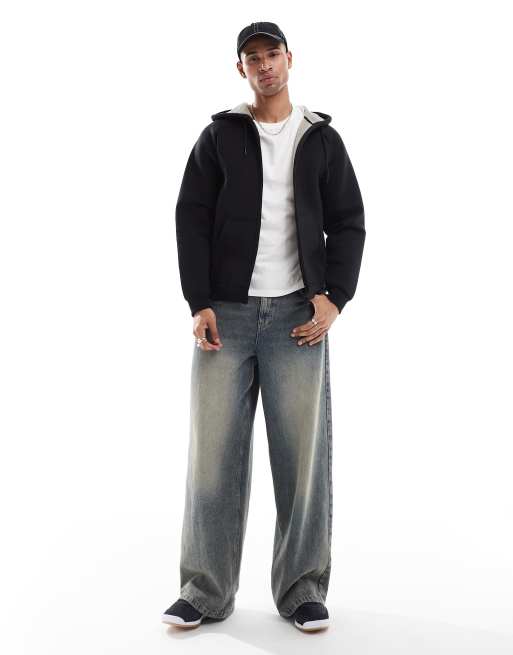 ONLY & SONS - Oversized og sort hættetrøje med gennemgående lynlås i stof i scuba-stil, 2 af 4