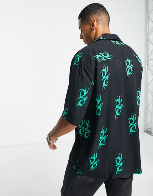 Only & Sons - Oversized overhemd met reverskraag en jaren 90 print in zwart , 2 van 4