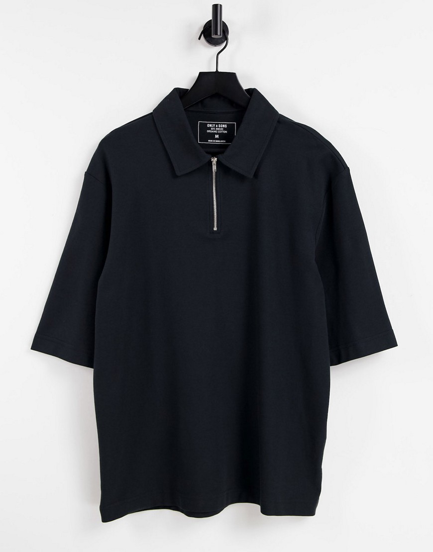 Only & Sons oversized polo shirt with zip in black