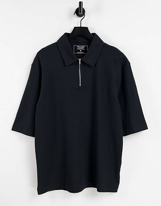 Only & Sons cotton oversized polo shirt with zip in black - BLACK