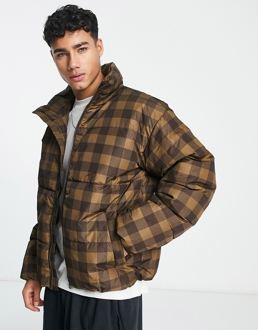 Only & Sons oversized puffer in brown and beige check-Neutral