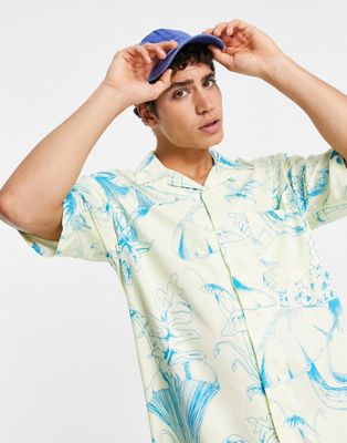 Only & Sons oversized revere collar shirt with mushroom print in yellow