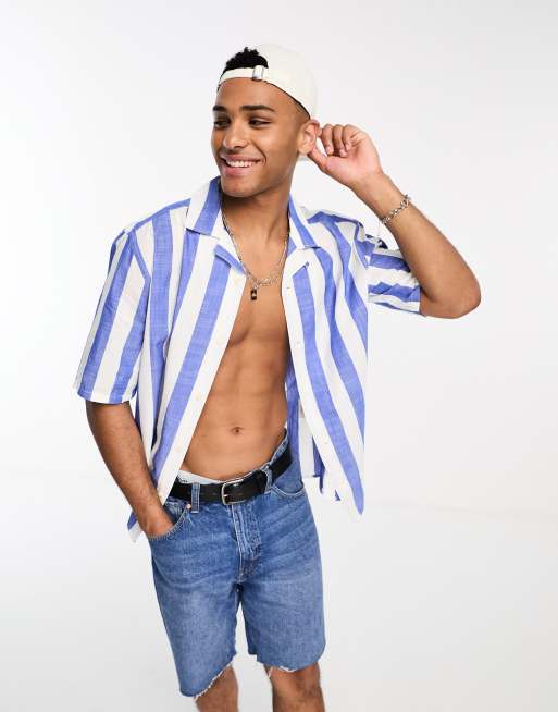 ONLY & SONS oversized revere collar stripe shirt in blue  