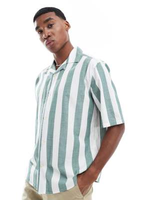 Only & Sons Oversized Revere Collar Stripe Shirt In Green