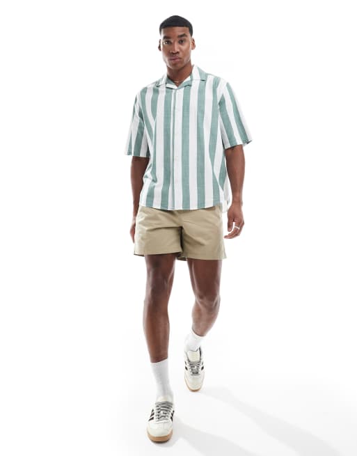 Only & Sons oversized revere collar stripe shirt in green