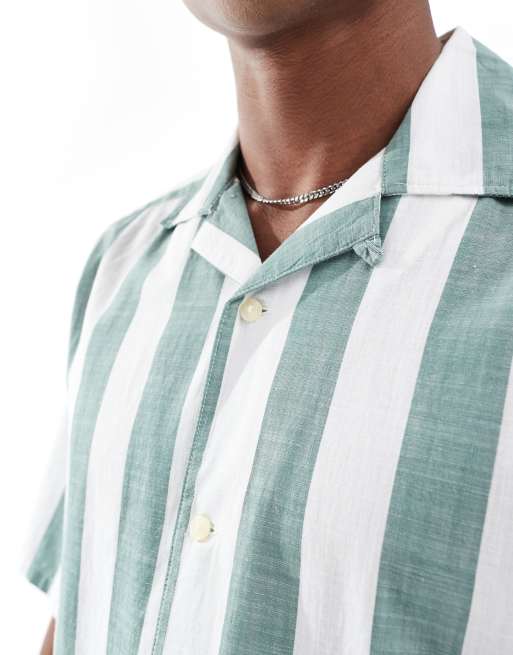 Only & Sons oversized revere collar stripe shirt in green