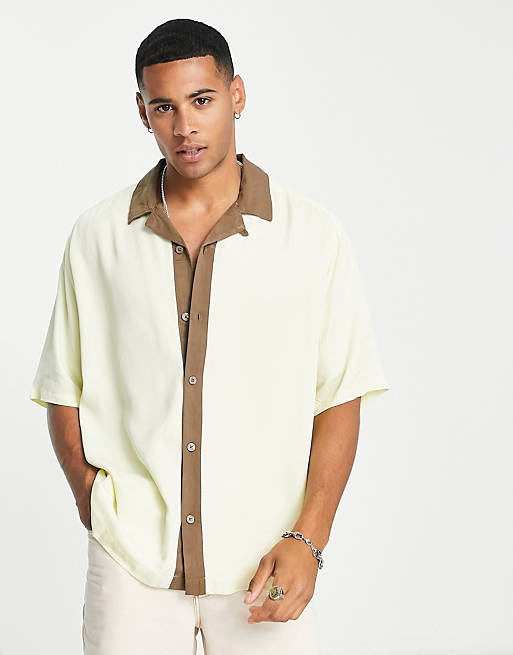 Only & Sons oversized revere short sleeve shirt with contrast panel in pastel yellow 