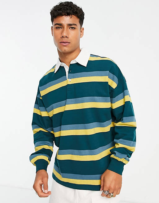 Only & Sons oversized rugby shirt in teal stripe