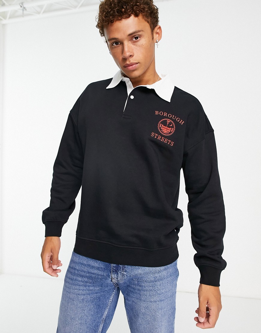 only & sons oversized rugby sweat with chest print in black