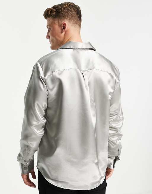 Only & Sons oversized satin shirt with revere collar in grey