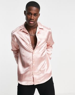 Only & Sons oversized satin shirt with revere collar in pink - ASOS Price Checker