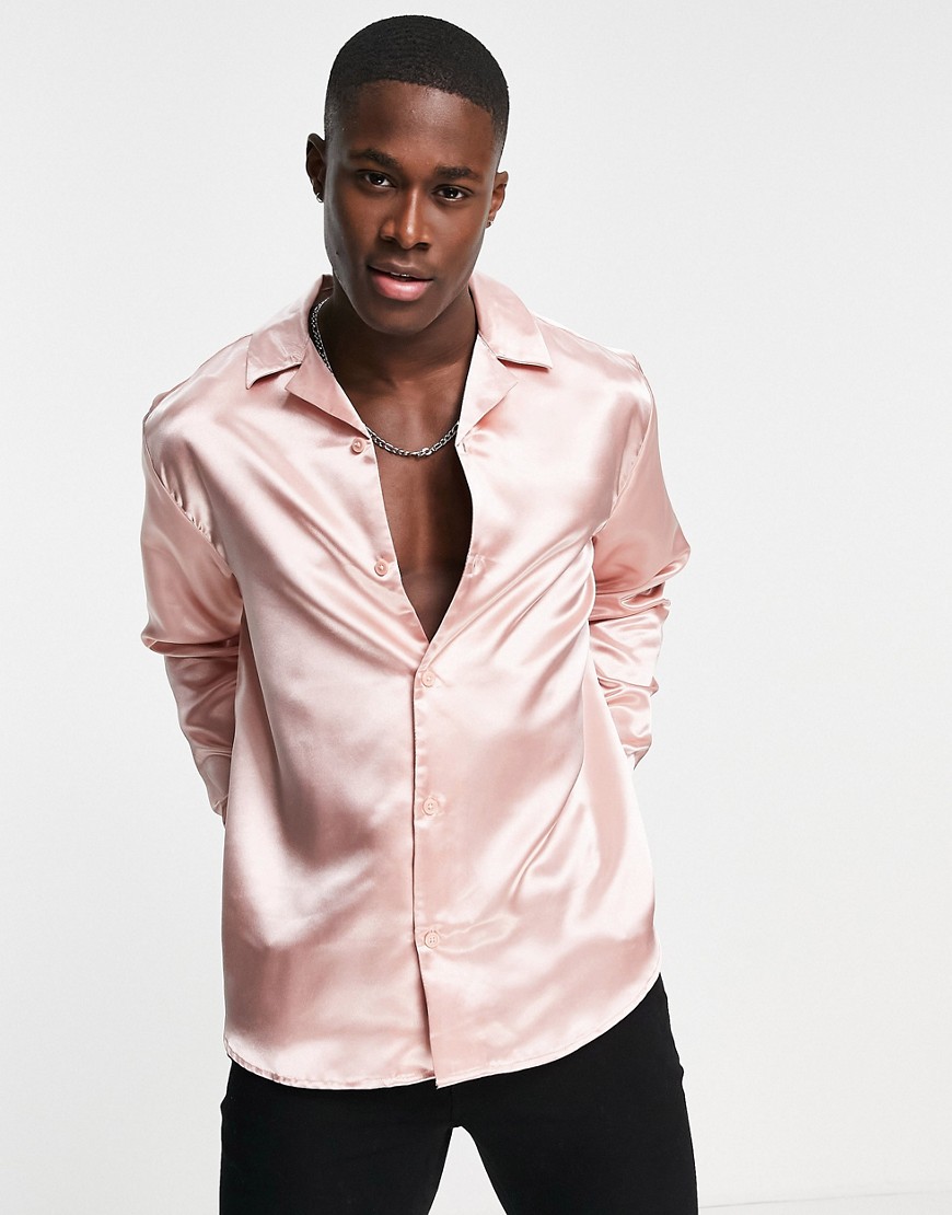 Only & Sons oversized satin shirt with revere collar in pink