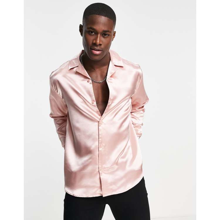 Pink satin shirt mens top