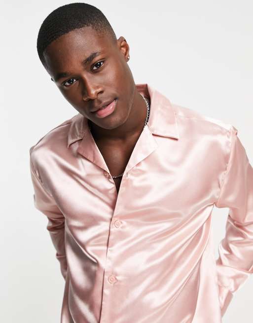 Only & Sons oversized satin shirt with revere collar in pink | ASOS