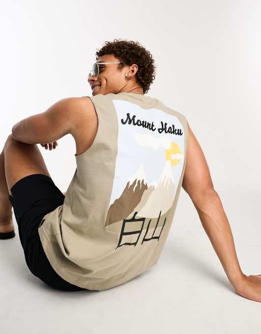 Only & Sons oversized singlet with Japanese mountain print in khaki
