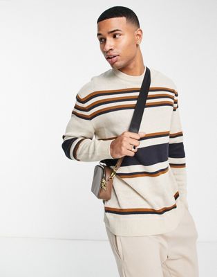 Only & Sons oversized stripe knitted jumper in beige