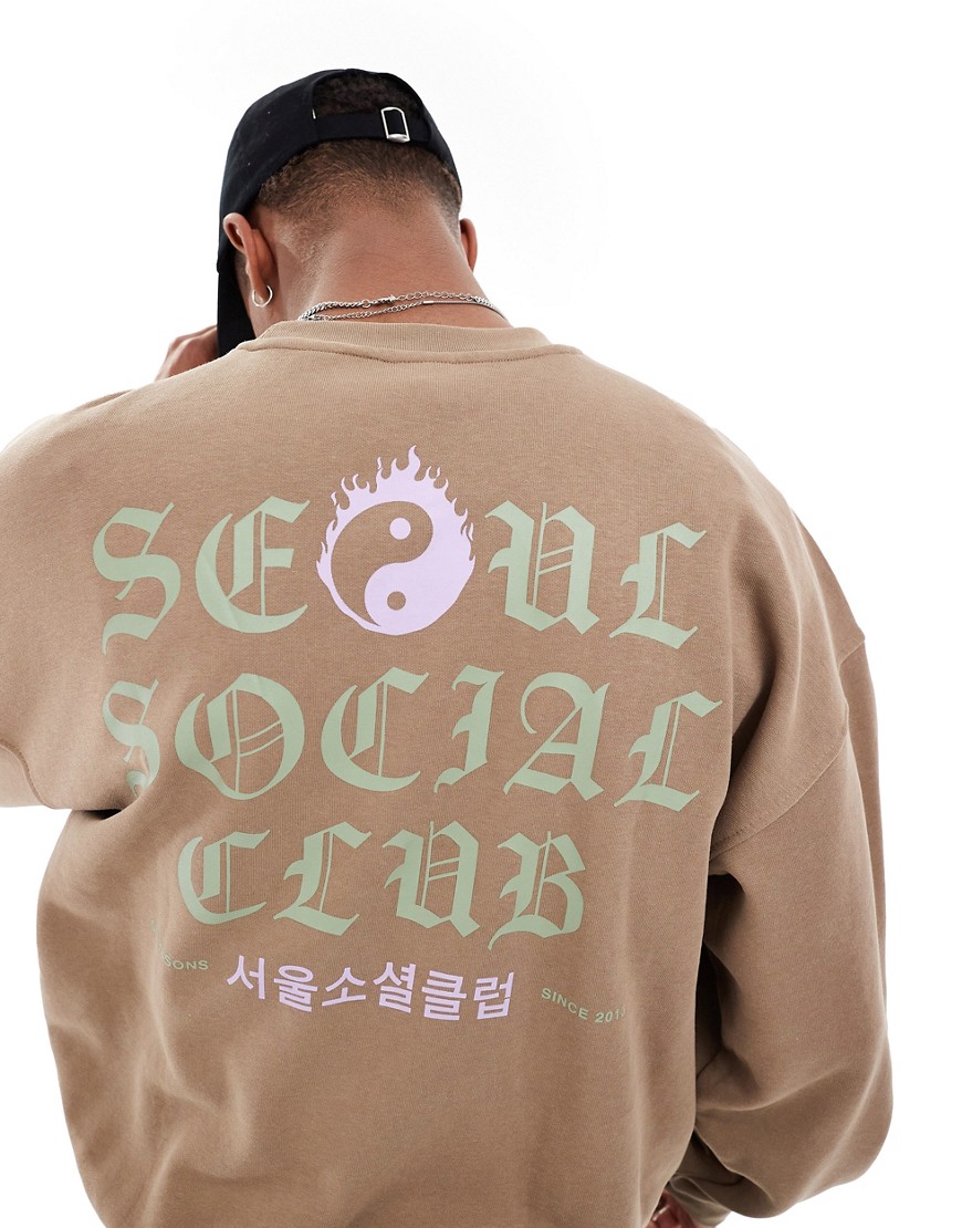 ONLY & SONS oversized sweat with Seoul back print in brown