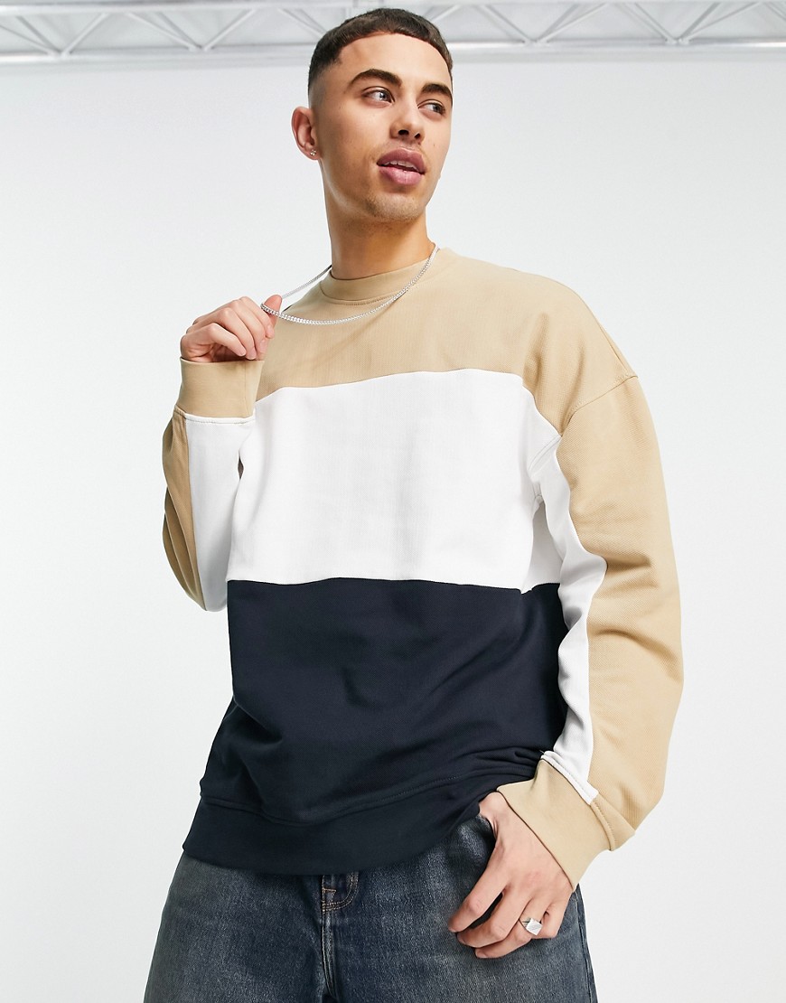 Only & Sons - Oversized sweatshirt med beige og sorte farveblokke-Neutral