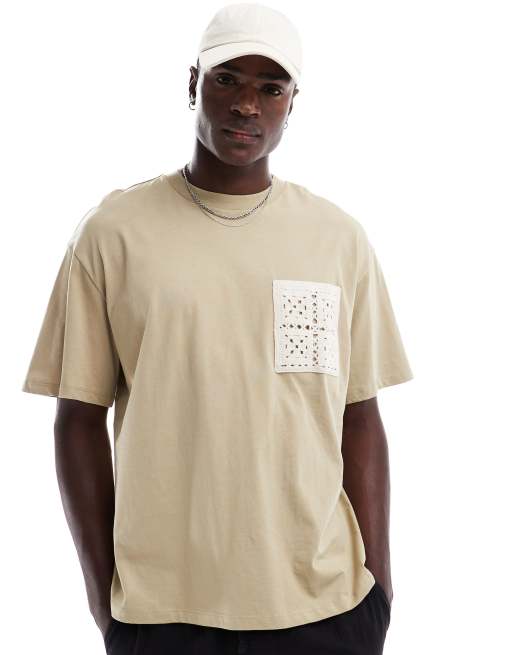ONLY & SONS - Oversized T-shirt med hæklet lomme i lysebrun