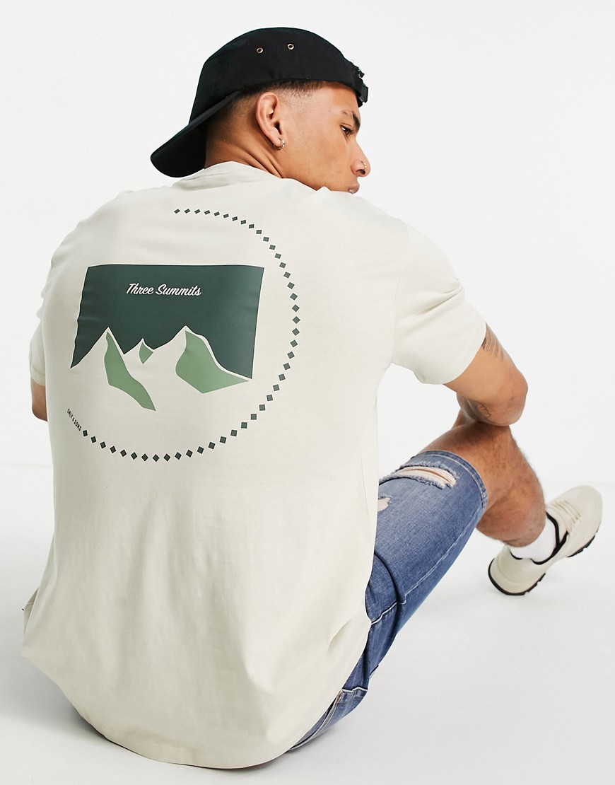 Only & Sons - Oversized T-shirt met bergprint op de achterkant in kiezelkleur-Bruin