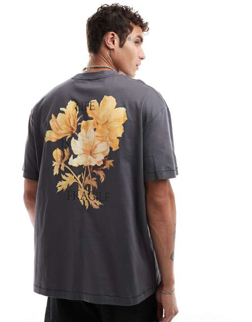 ONLY & Sons - Oversized T-shirt met bloemenprint op de achterkant in donkergrijs