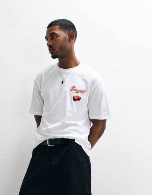 ONLY & SONS - Oversized T-shirt met kersenprint op de achterkant in wit, 3 van 5