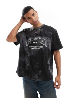 oversized T-shirt with athletic logo in washed gray-Black