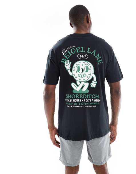 ONLY & SONS oversized t-shirt with beigel lane front and back prints in black - view 1
