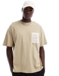 [ONLY & SONS] ONLY & SONS oversized t-shirt with crochet pocket in light brown XS Twill