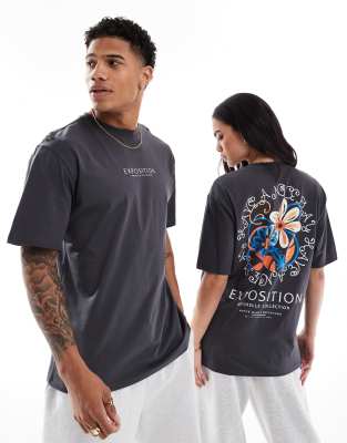 oversized t-shirt with exposition back print in charcoal-Gray