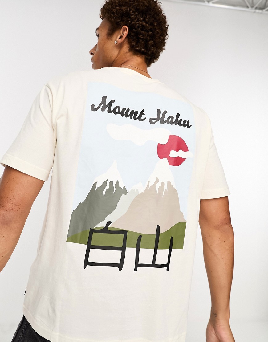 oversized t-shirt with Japanese mountain print in cream-White