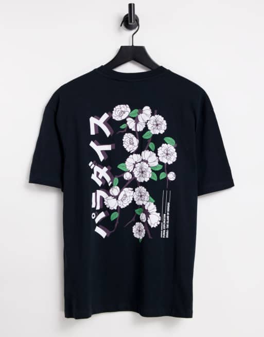 Only & Sons oversized t-shirt with Japanese text and floral back print in dark grey 