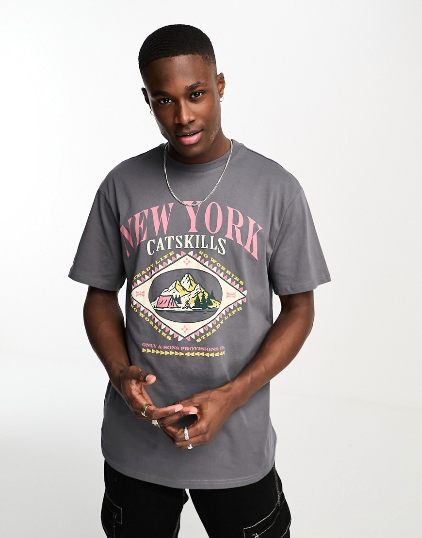 Only & Sons oversized t-shirt with New York chest print in grey