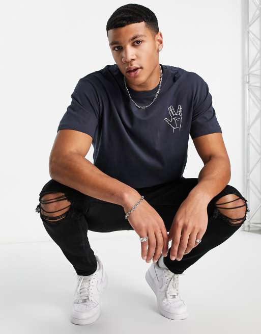 Only & Sons oversized t-shirt with outline hand back print in navy