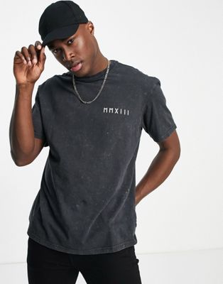 Only & Sons oversized t-shirt with roman numeral print in washed black