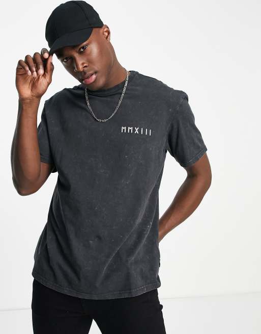 Only & Sons oversized t-shirt with roman numeral print in washed black ...