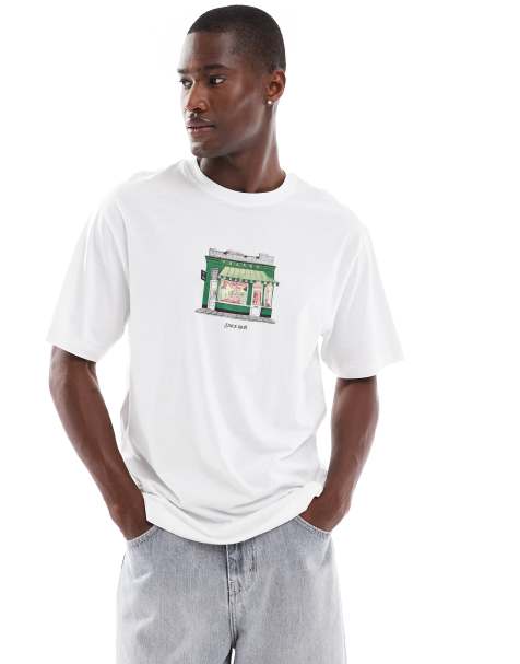 ONLY & SONS oversized t-shirt with shop print in white - view 1