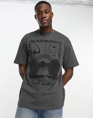 Only & Sons oversized t-shirt with universe print in grey