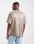 [ONLY & SONS] ONLY & SONS oversized t-shirt with white & blue print in light brown L Walnut