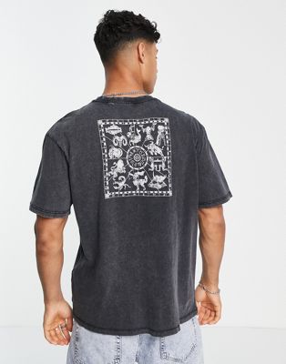 Only & Sons oversized t-shirt with zodiac back print in washed black
