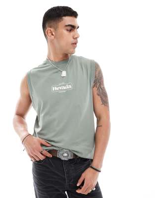 Only & Sons Oversized Tank With Black Rock Back Print In Green