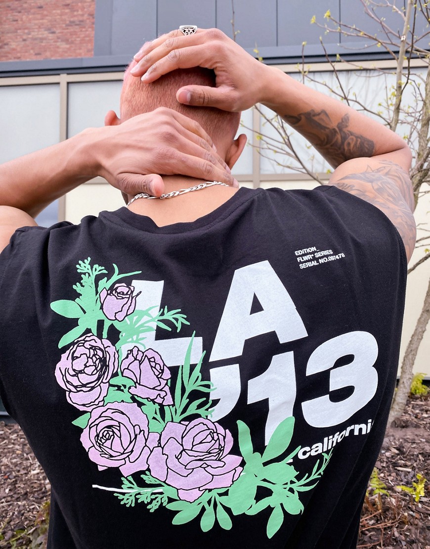 Only & Sons oversized tank with L.A. roses back print in black