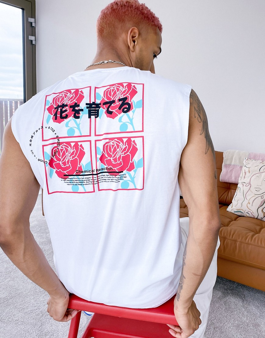 Only & Sons oversized tank with roses back print in white