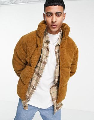 Only & Sons oversized teddy puffer jacket in tan - ASOS Price Checker